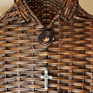 Antique French pectoral cross silver tone inlaid with wood over 100 years old